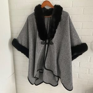 Houndstooth Faux Fur Black and White Cape Poncho